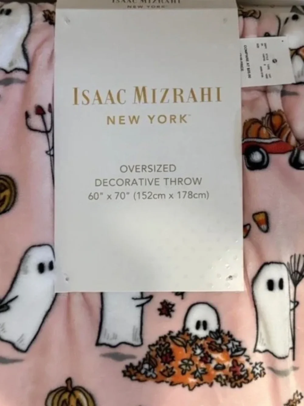 RARE Isaac Mizrahi Pink Halloween Fall Ghosts & Pumpkin Oversized Throw NWT